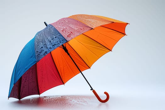 A multicolored umbrella is open on a white surface, displaying vibrant hues against a clean backdrop.