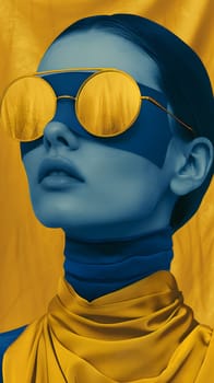 A woman in electric blue sunglasses and a blue turtleneck poses against a vibrant yellow background, showcasing a trendy eyewear style