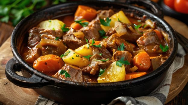 Beef stew in frying pan. Stewed potatoes with meat. Delicious traditional food AI