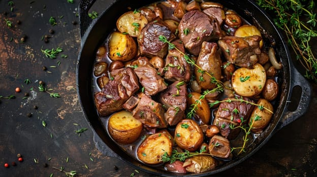 Potatoes baked in a pan with pieces of meat and vegetables AI