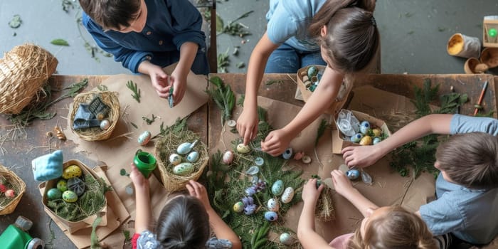 A group of happy children are gathered around a table, smiling and sharing Easter eggs from storage baskets. The toddlers and babies are having fun at this leisure event, building memories together AIG42E