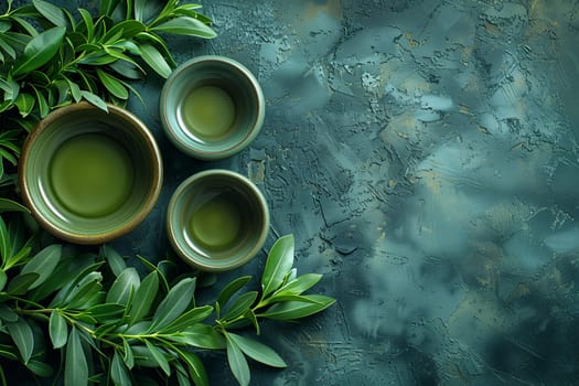 Three ceramic bowls filled with green tea placed on a wooden table.