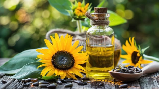 Organic sunflower oil in a small glass jar. Sun flower oil AI