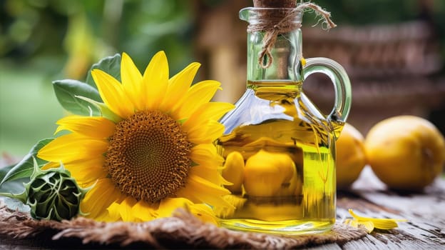 Organic sunflower oil in a small glass jar. Sun flower oil AI