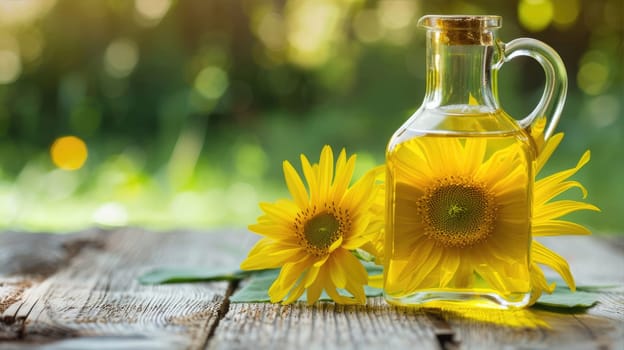 Organic sunflower oil in a small glass jar. Sun flower oil AI