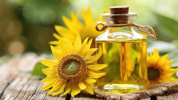Organic sunflower oil in a small glass jar. Sun flower oil AI