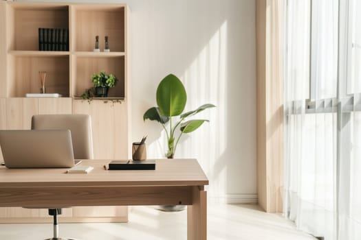 A laptop computer positioned on top of a plain wooden desk in a room.