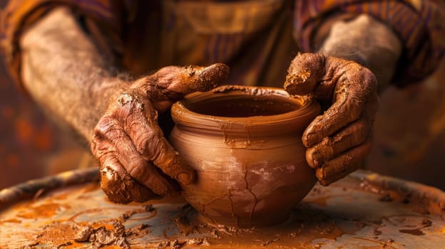 The potter's hands make a clay pot AI