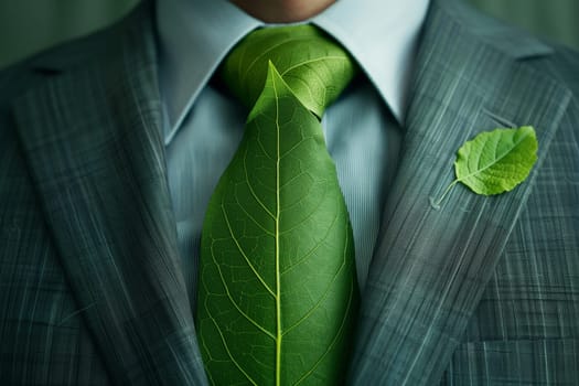 Businessman in suit with green leaf as tie. Environment save concept.