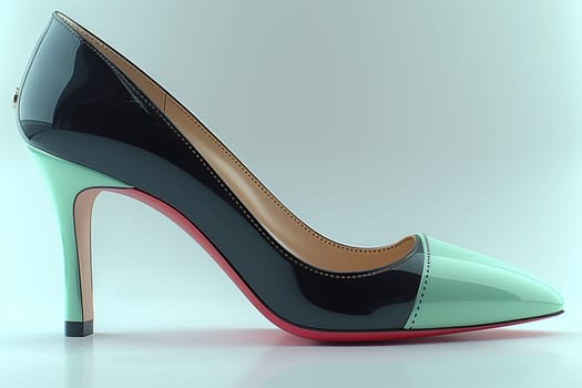 A high heeled shoe with a green and black design resting on a plain white surface.