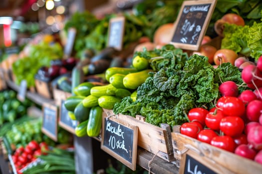 Various types of fresh vegetables neatly arranged on a market stall for sale.