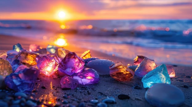 Colorful neon gemstones on a beach. Mystical glow. AI