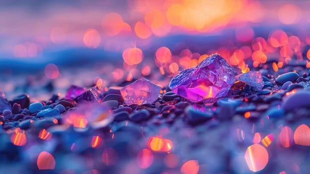 Colorful neon gemstones on a beach. Mystical glow. AI