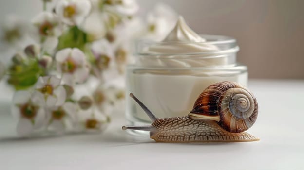 Organic cosmetics made with mucin and snail on table. Cream in a jar and snail on the background AI