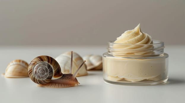 Organic cosmetics made with mucin and snail on table. Cream in a jar and snail on the background AI