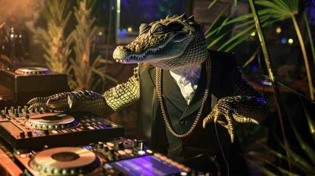 Alligator DJ Crocodile at a party in night club AI