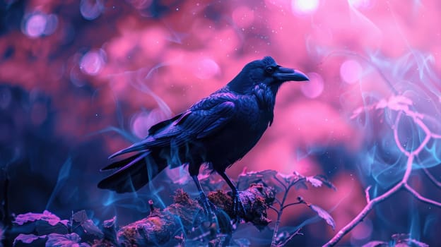 Black crows in misty forest. Fantasy world. Crow and magic atmosphere AI