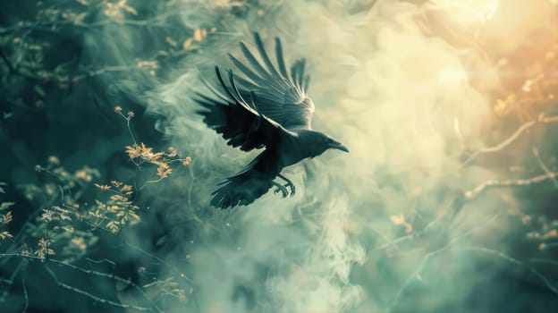 Black crows in misty forest. Fantasy world. Crow and magic atmosphere AI