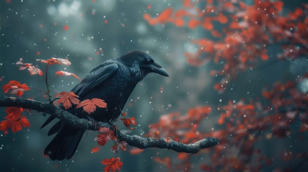 Black crows in misty forest. Fantasy world. Crow and magic atmosphere AI