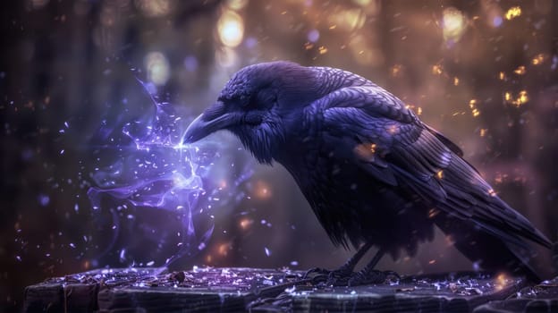 Black crows in misty forest. Fantasy world. Crow and magic atmosphere AI