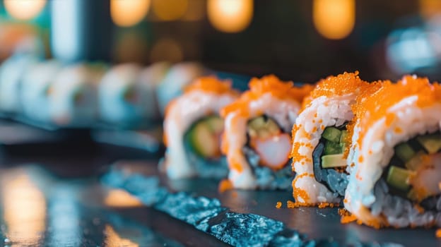 Delicious sushi rolls served on black table AI