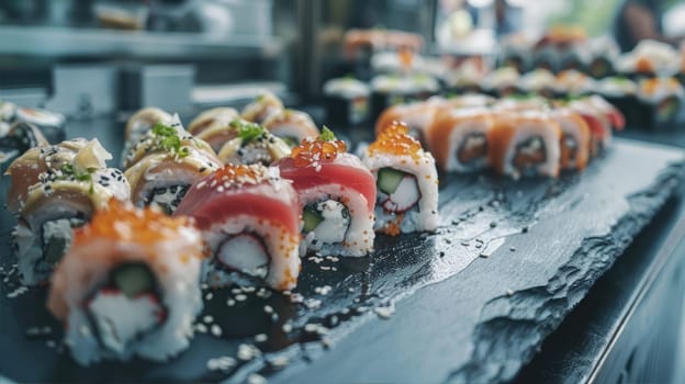 Delicious sushi rolls served on black table AI