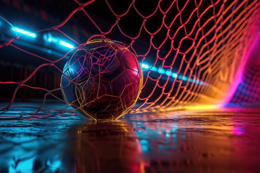 A soccer ball in a goal with a net in a neon glow.