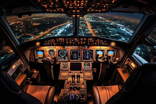 Inside view of an airplane cockpit with a glowing instrument panel.