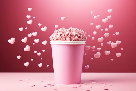 Pink hearts float around a paper glass with mousse dessert on a pink background.