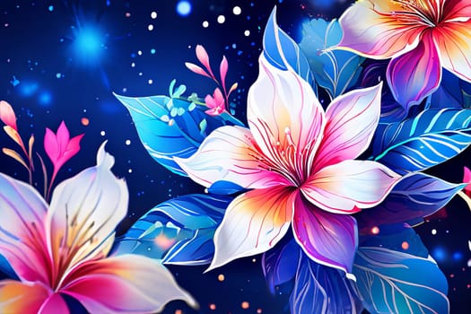 Vibrant colorful flowers set against dark background. For meditation apps, on covers of books about spiritual growth, in designs for yoga studios, spa salons, illustration for articles on inner peace