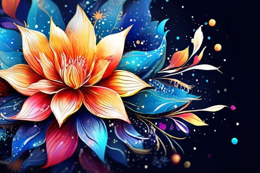 Bright colors of flowers pop out against black background, enhancing their beauty, making them focal point of image. For interior design, decoration, advertising, web design, as illustration for book