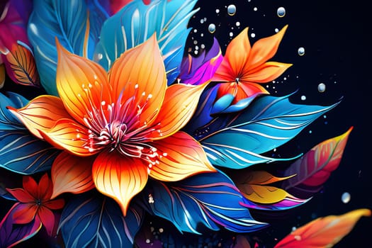 Vibrant, intricate floral design set against black background, creating visually appealing contrast between colorful flowers, dark backdrop. For website design, advertising, greeting cards, magazines