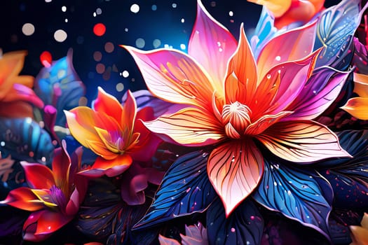 Striking, colorful flower painting with intricate details, vivid hues, beautifully contrasted against dark, black background. For interior design, textiles, clothing, gift wrapping, web design, print