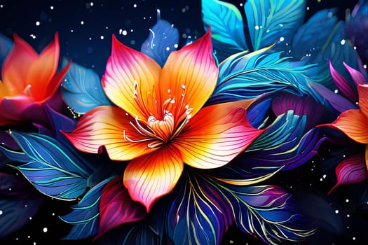 Image features striking contrast between vivid colors of flowers, dark backdrop, creating visually appealing, dramatic composition. For interior design, textiles, clothing, gift wrapping, web design