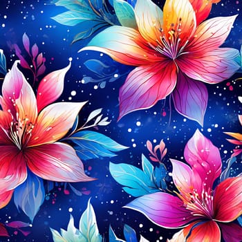 Vibrant, intricate floral design set against dark background, creating visually appealing contrast between colorful flowers, dark backdrop. For website design, advertising, greeting cards, magazines