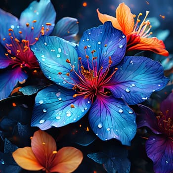Contrast between bright flowers, dark background gives image special atmosphere, appeal, highlighting its beauty wonder. For home interior, bedroom, living room, childrens room to add bright colors