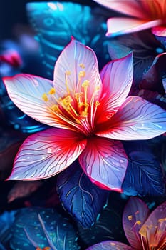 Vibrant, intricate floral design set against dark background, creating visually appealing contrast between colorful flowers, dark backdrop. For website design, advertising, greeting cards, magazines