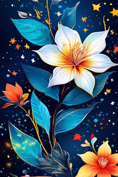 Contrast between bright flowers, dark background gives image special atmosphere, appeal, highlighting its beauty wonder. For home interior, bedroom, living room, childrens room to add bright colors