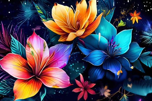 Bright colors of flowers pop out against black background, enhancing their beauty, making them focal point of image. For interior design, decoration, advertising, web design, as illustration for book