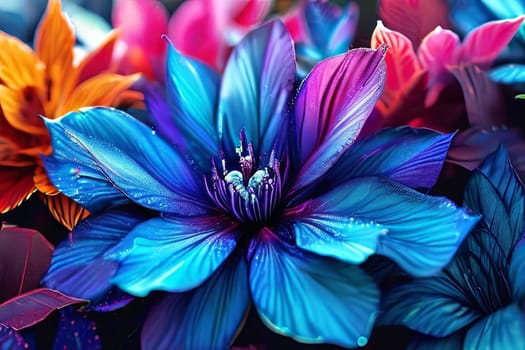 Vibrant colorful flowers set against dark background. For meditation apps, on covers of books about spiritual growth, in designs for yoga studios, spa salons, illustration for articles on inner peace