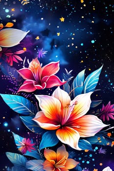 Vibrant, intricate floral design set against dark background, creating visually appealing contrast between colorful flowers, dark backdrop. For website design, advertising, greeting cards, magazines
