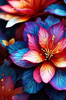 Striking, colorful flower painting with intricate details, vivid hues, beautifully contrasted against dark, black background. For interior design, textiles, clothing, gift wrapping, web design, print