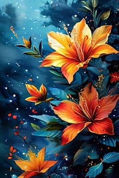 Contrast between bright flowers, dark background gives image special atmosphere, appeal, highlighting its beauty wonder. For home interior, bedroom, living room, childrens room to add bright colors