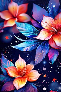 Vibrant flower painting set against dark backdrop. Bright colors of flowers pop out, creating visually appealing, captivating piece of artwork. For art, creative projects, fashion, style, magazines