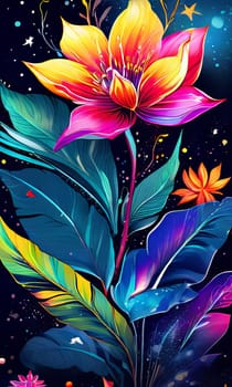 Contrast between bright flowers, dark background gives image special atmosphere, appeal, highlighting its beauty wonder. For home interior, bedroom, living room, childrens room to add bright colors