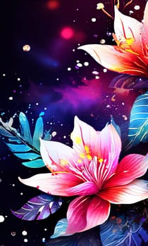Vibrant colorful flowers set against dark background. For meditation apps, on covers of books about spiritual growth, in designs for yoga studios, spa salons, illustration for articles on inner peace