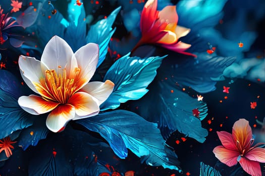 Image features striking contrast between vivid colors of flowers, dark backdrop, creating visually appealing, dramatic composition. For interior design, textiles, clothing, gift wrapping, web design