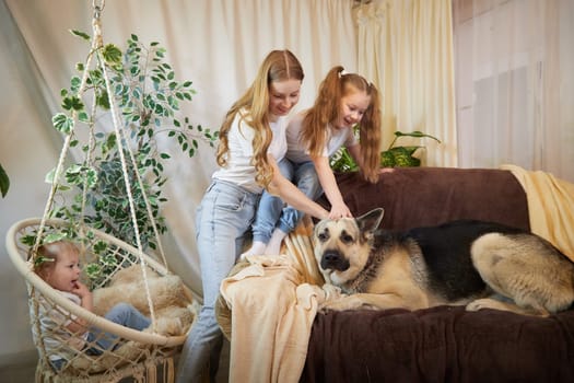 Loving family with mother, daughter and big dog in living room. Woman mom or babysitter and female teenager who is afraid of big pet