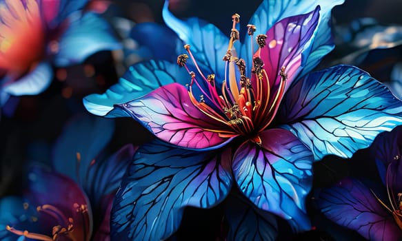 Vibrant colorful flowers set against dark background. For meditation apps, on covers of books about spiritual growth, in designs for yoga studios, spa salons, illustration for articles on inner peace