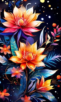 Image features striking contrast between vivid colors of flowers, dark backdrop, creating visually appealing, dramatic composition. For interior design, textiles, clothing, gift wrapping, web design